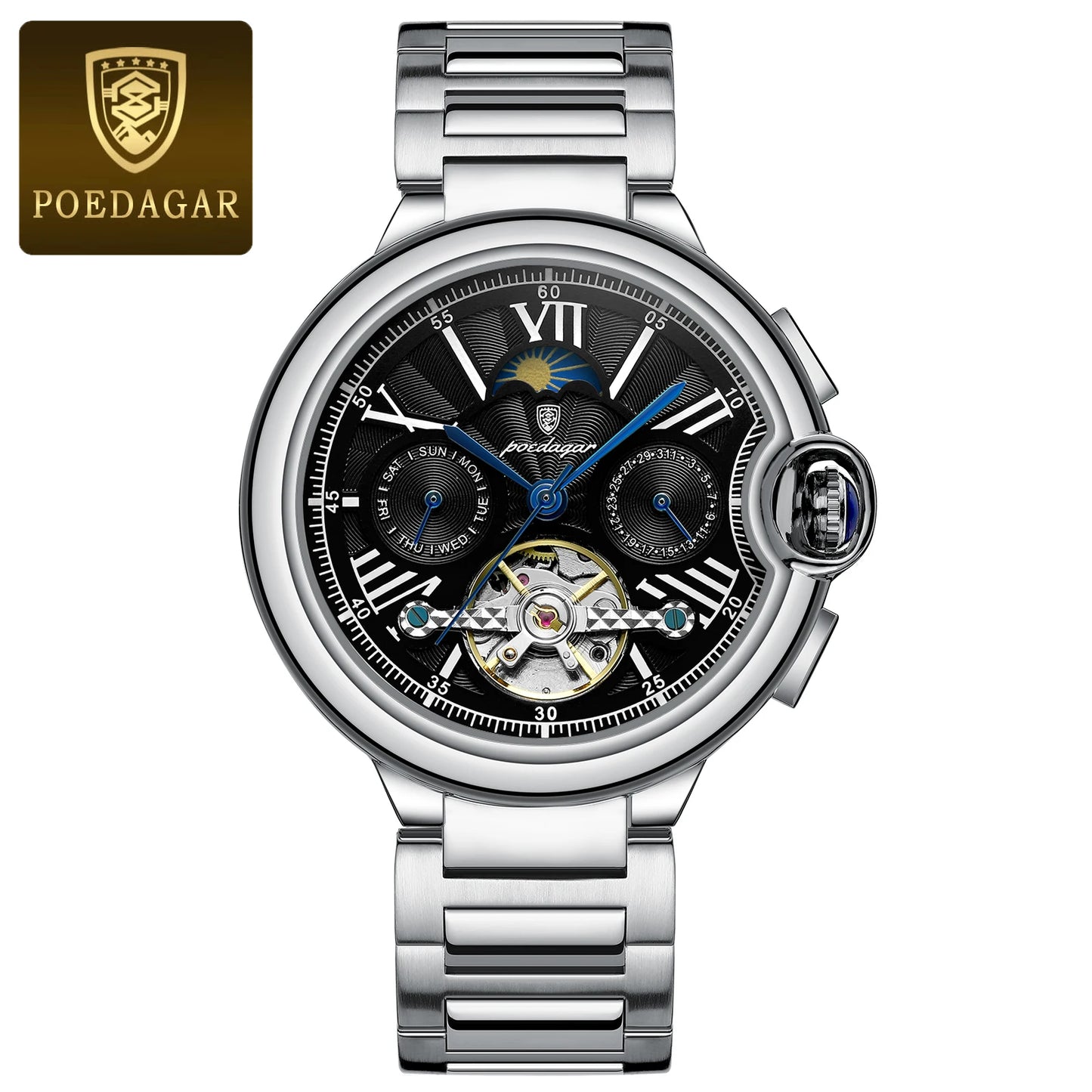 POEDAGAR Luxury Male Watch Tourbillon Date Week Stainless Steel Men Watch Waterproof Automatic Mechanical Military Men's Watches