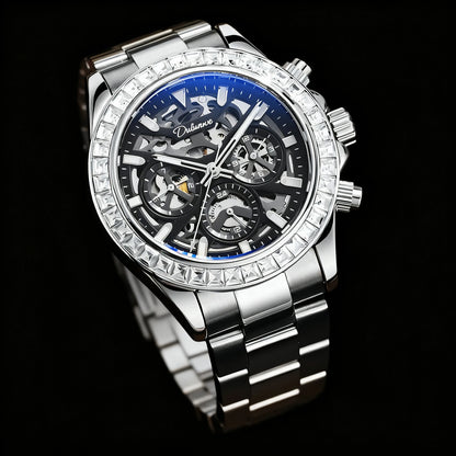 Diamond Bezel Stainless Steel Automatic Watch Fashion Mulitfunction Waterproof Luminous Mechanical Watches for Men