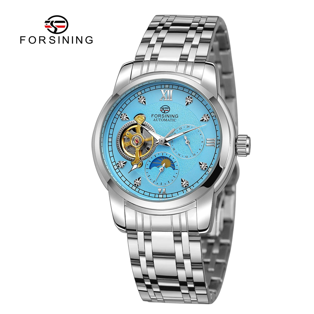 Ceas mecanic automat pentru bărbați Forsining – Stil de lux, business și fashion, brățară metalică, tourbillon, ace luminescente, împodobit cu diamante artificiale
