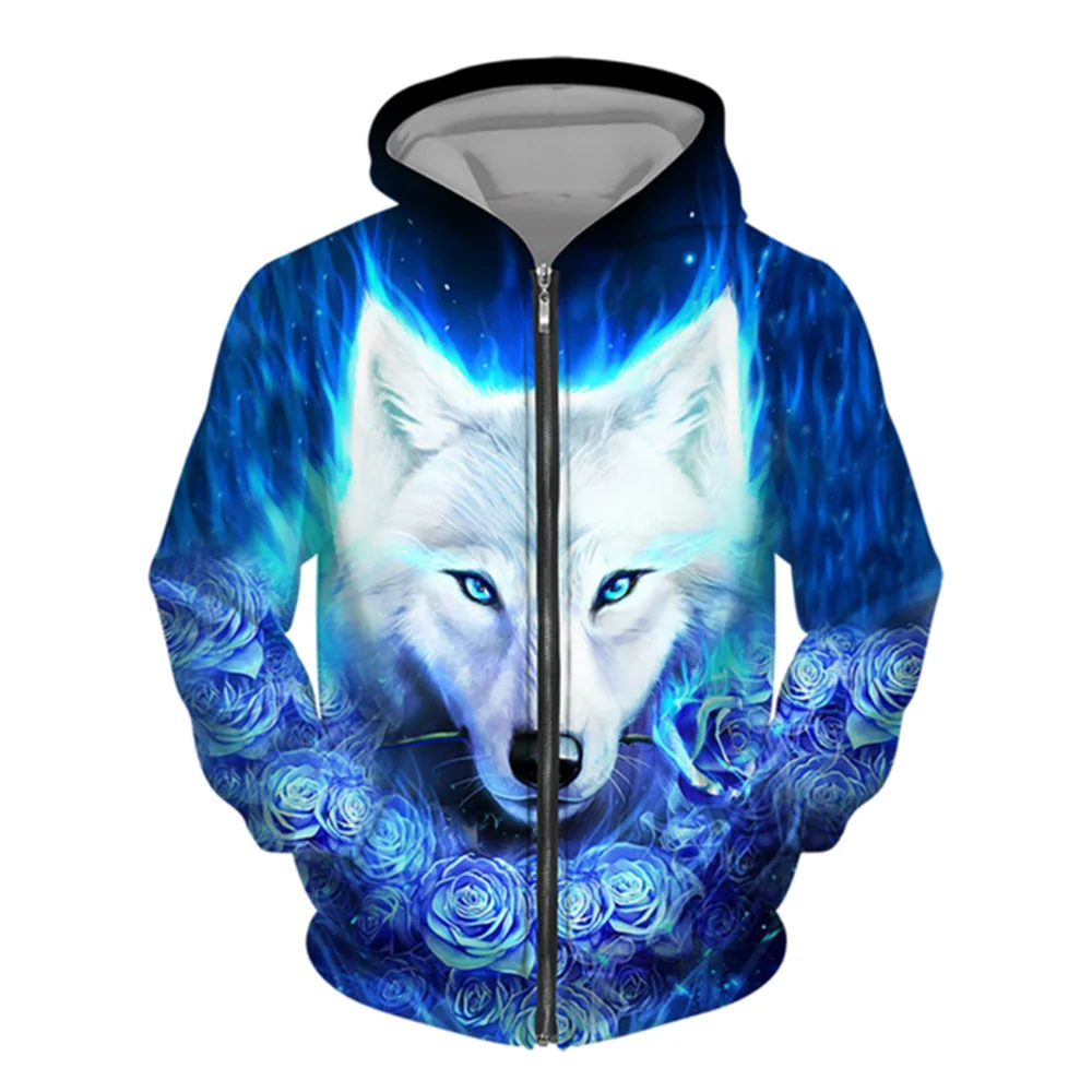 3D Wolf Print Men's Zipper Hoodies Fashion Animal Pattern Top Coat Street Punk Style Oversized Sweatshirts Outdoor Leisure Jackets