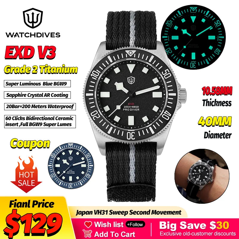 Watchdives EXD 40Mm Titanium Dive Watch Men's VH31 Sweep Quartz Watches 200 Waterproof AR Sapphire BGW9 Luminous 316L Wristwatch