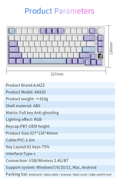 Tastiera meccanica da gaming AJAZZ AK820 Pro cablata e wireless, tri-mode, retroilluminazione RGB, switch hot-swap, layout compatto 70%, PC/Mac