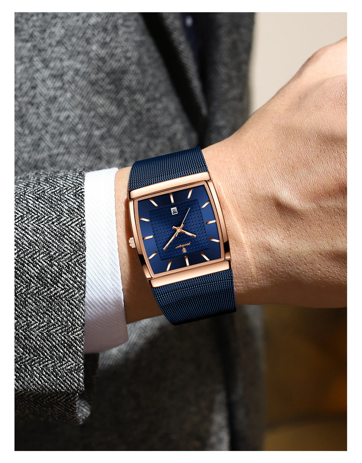 POEDAGAR Men’s Luxury Rectangle Quartz Watch Stainless Steel Mesh Strap, Luminous Dial & Date