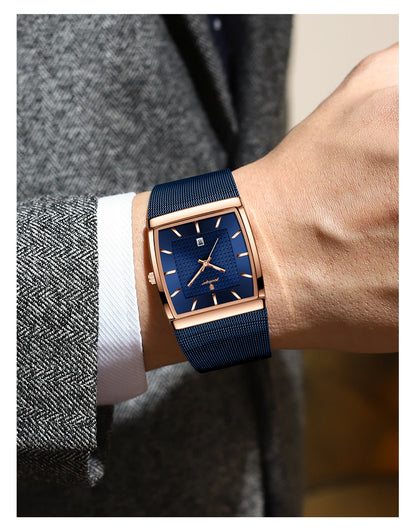 POEDAGAR Men’s Luxury Rectangle Quartz Watch Stainless Steel Mesh Strap, Luminous Dial & Date