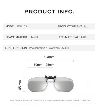 CAPONI New Sunglasses Clip For Men Square Polarized Photochromic Glasses Clip Flipped Up Protect Eyes Light Clip On Frame BS1103