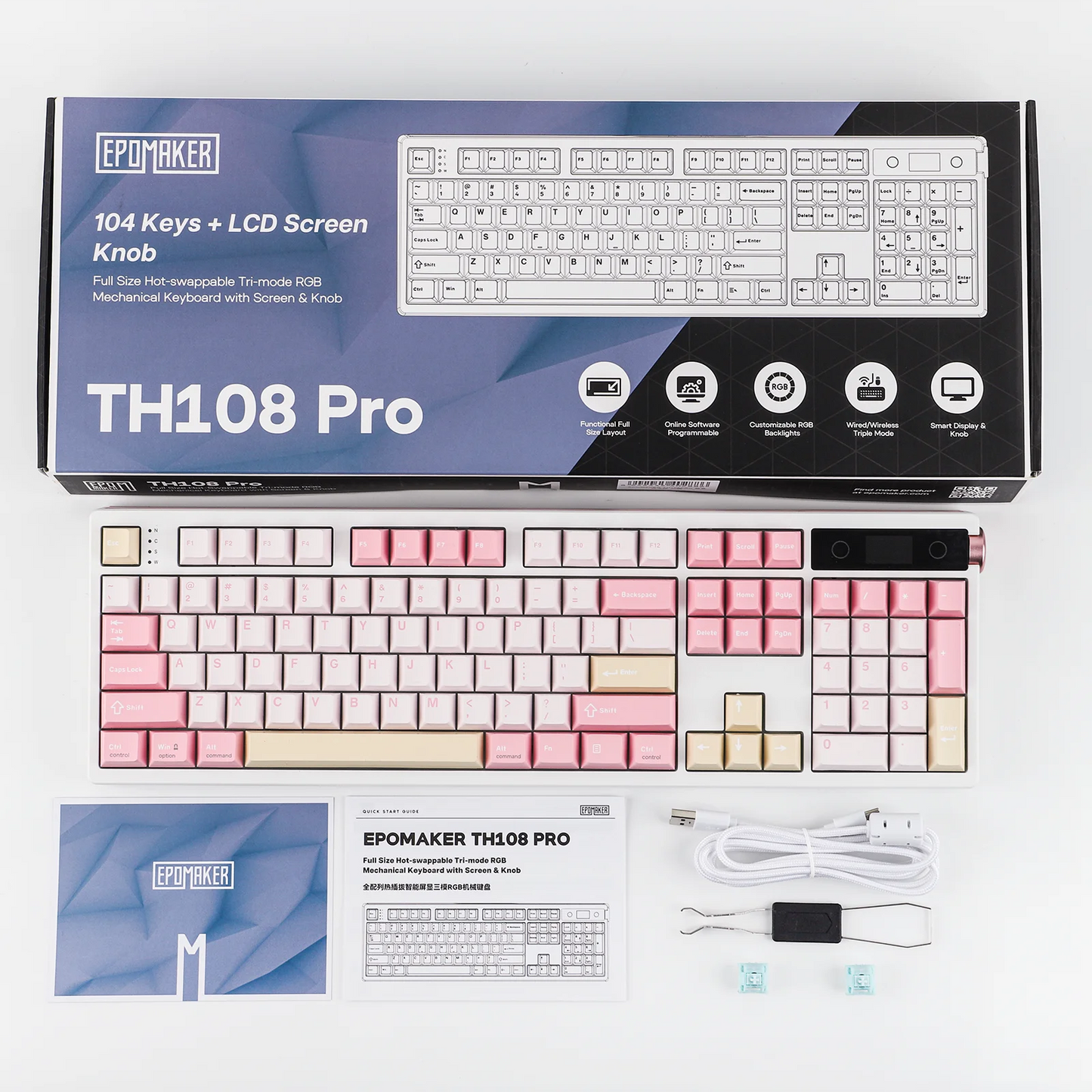 EPOMAKER TH108 PRO 100% Full-Sized Hot-Swap kabelgebundene/BT/2.4Ghz kabellose mechanische Tastatur mit Display & Drehknopf, 10000mAh Akku