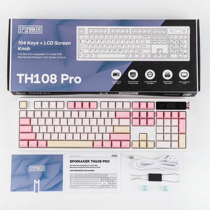 EPOMAKER TH108 PRO 100% Full-Sized Hot-Swap kabelgebundene/BT/2.4Ghz kabellose mechanische Tastatur mit Display & Drehknopf, 10000mAh Akku