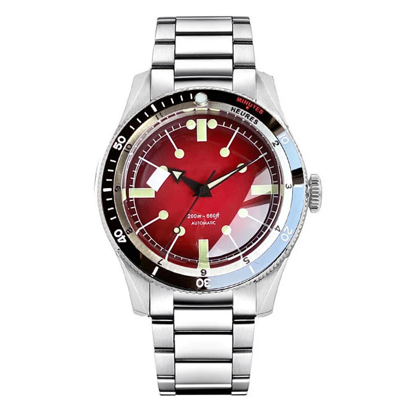 Tandorio NH35A PT5000 Mechanical Mens Watch 20BAR Waterproof Sapphire Luminous Red Black Dial Stainless Steel Bracelet New Clock