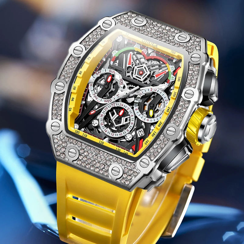 ONOLA Luxury Diamond Mechanical Wristwatches Fashion Sports Square Date Waterproof Automatic Man Watch Men Military Watch Clock