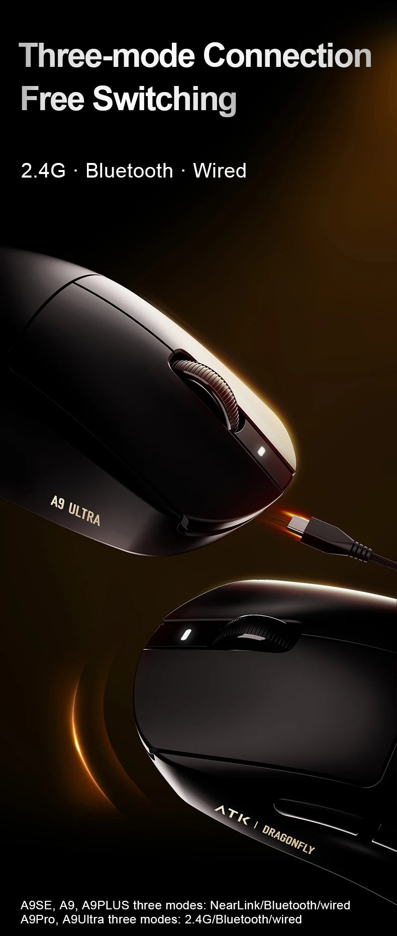 ATK Dragonfly A9 Ultra bežični gaming miš PAW3950 ultra lagan, tromodalni, ergonomski e-sports miš za igrače FPS igara A9 SE Plus