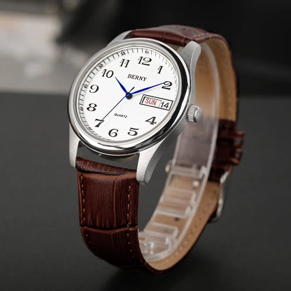 BERNY Men's Watch Quartz Day Top Calendar Wristwatch Waterproof Blued Steel Hands Arabic Numerals Easy Read Relogio Masculino