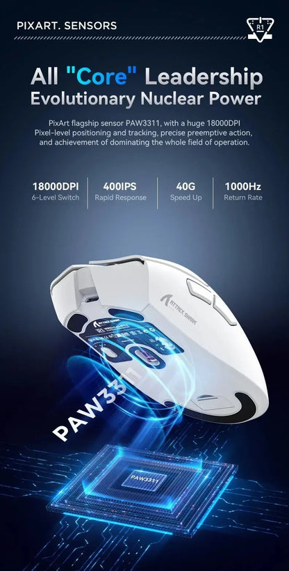 Rato ultraleve ATTACK SHARK R1 59g com PAW3311, 18000DPI, 400IPS, 40G, 1000Hz, Tri-Mode, controlador Broadcom BK3633, 20 milhões de cliques