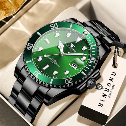 BINBOND FNGEEN Son Brand quartz wristwatch for men, with a stainless steel strap, luminous and water-resistant, luxury.