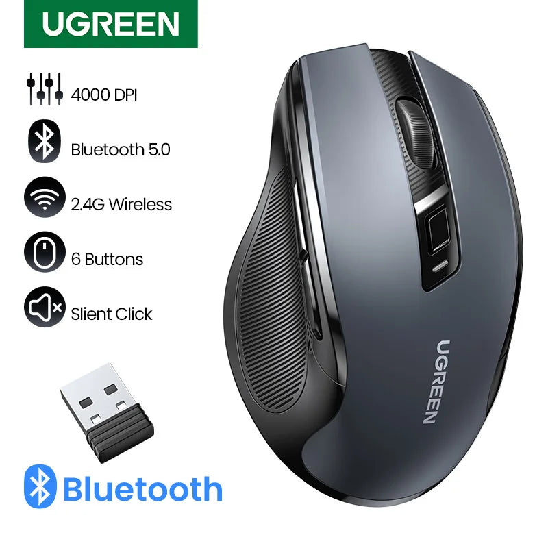 Bezdrátová myš UGREEN Bluetooth 5.0, ergonomická myš 4000 DPI se 6 tichými tlačítky pro MacBook, tablet, notebooky, počítač PC, 2.4G myš