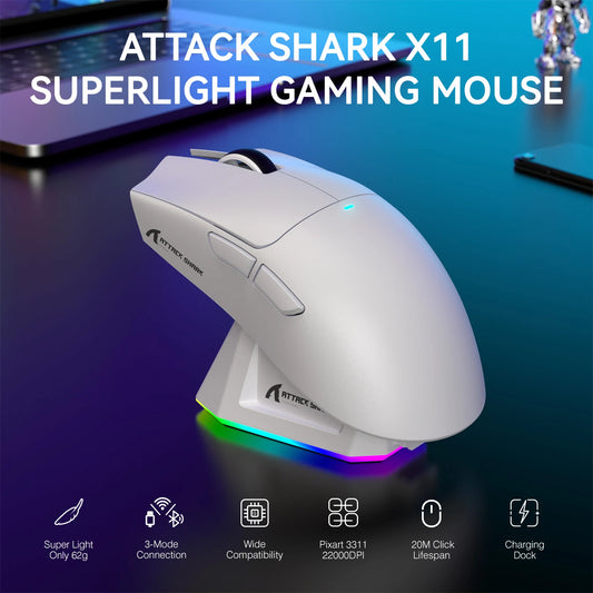 Lahka brezžična gaming miška ATTACK SHARK X11 z RGB osvetlitvijo in polnjenjem, do 22K DPI, optični senzor PAW3311, stikala HUYU