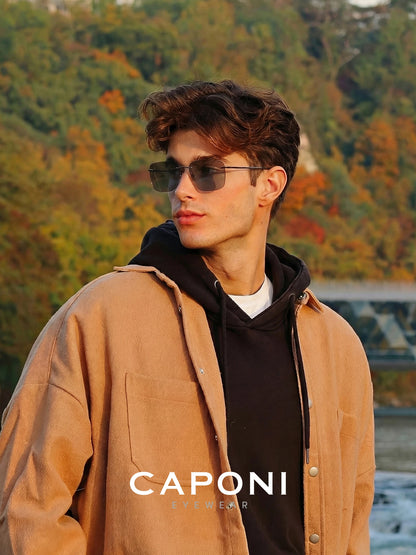 CAPONI Pure Titanium Photochromic Sunglasses Rimless Polarized Driving Men's Sun Glasses Ultra Light UV400 Brand Shades BS28923