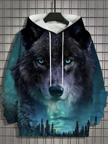 European and American Men's Autumn Fashion Wolf Print Soft and Comfortable Hooded Sweatshirt Outdoor Urban High Street Clothing