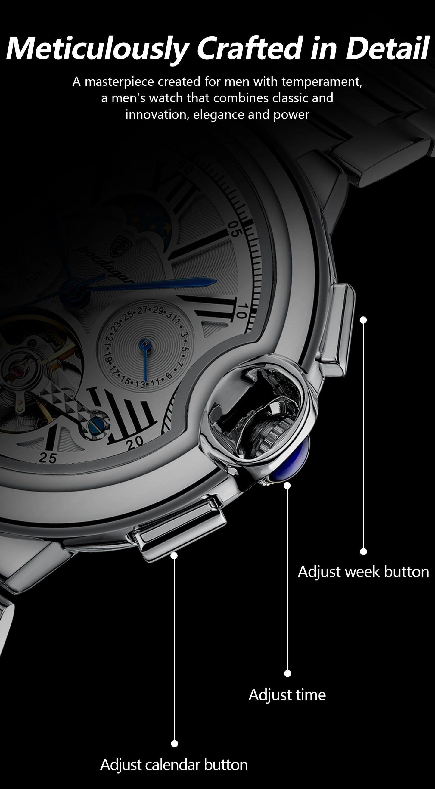 POEDAGAR Luxury Male Watch Tourbillon Date Week Stainless Steel Men Watch Waterproof Automatic Mechanical Military Men's Watches