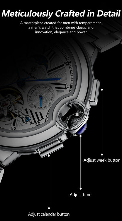 POEDAGAR Luxury Male Watch Tourbillon Date Week Stainless Steel Men Watch Waterproof Automatic Mechanical Military Men's Watches