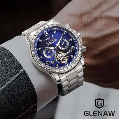 GLENAW multifunction mechanical watch – Men’s model, business and casual style, stainless steel bracelet, water-resistant, with date display – Luxury watch