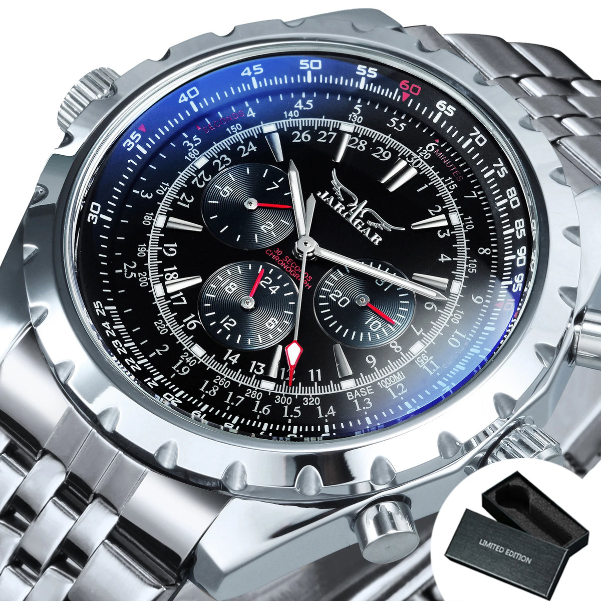 JARAGAR Men’s Luxury Automatic Mechanical Watch  Military Sport Design, Multifunction Dial & Leather Strap