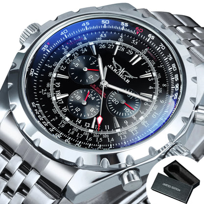 JARAGAR Men’s Luxury Automatic Mechanical Watch  Military Sport Design, Multifunction Dial & Leather Strap