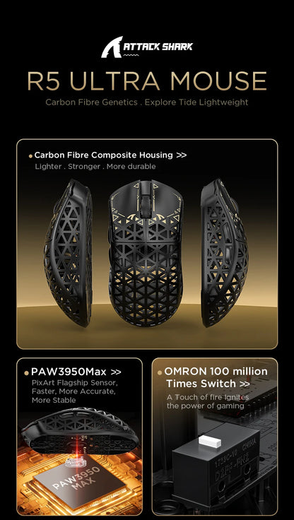 Mouse de gaming wireless ATTACK SHARK R5 Ultra Carbon Fiber, senzor de gaming PixArt PAW3950MAX, 42000DPI, 8000Hz, MCU Nordic 52840