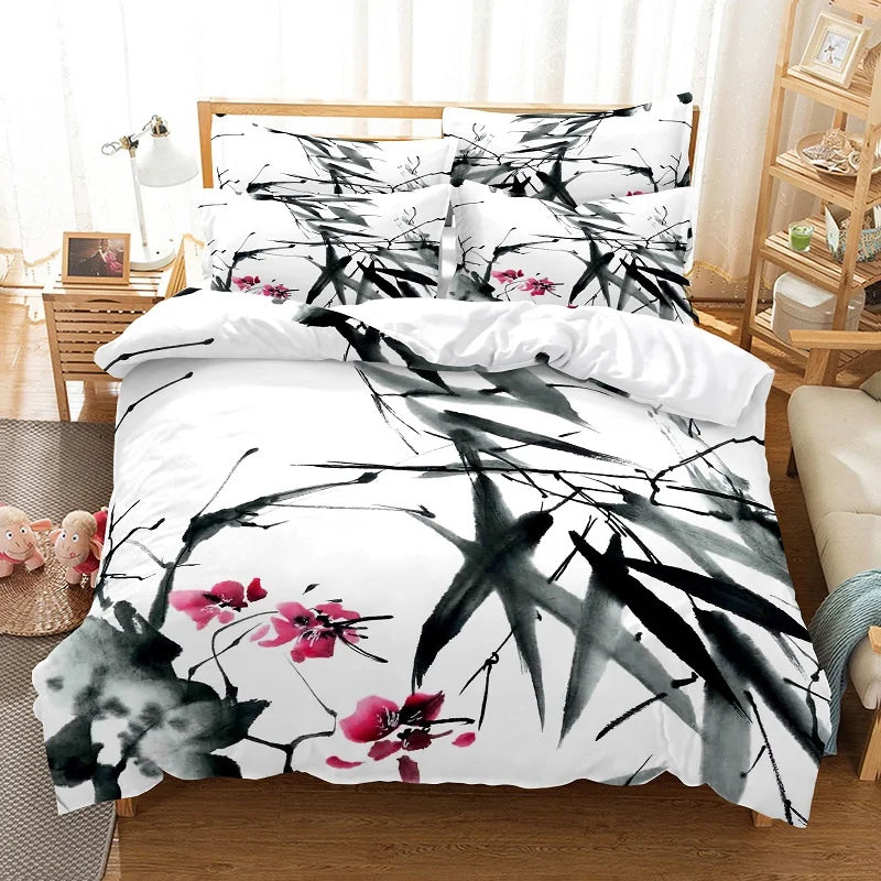 Juego de funda nórdica con pintura de bambú, ropa de cama de estilo chino, conjunto juvenil de lino para cama Queen Size, funda para edredón, ropa de cama de moda