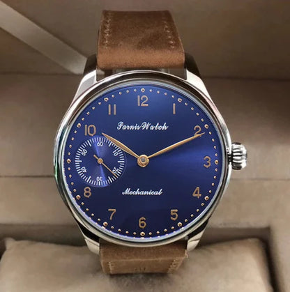 Vintage PARNIS Mechanical Hand Winding Watch Men Gold 44mm Steel Wristwatch Sport 17 Jewels 6497 Movtt Khaki Band Glass Back