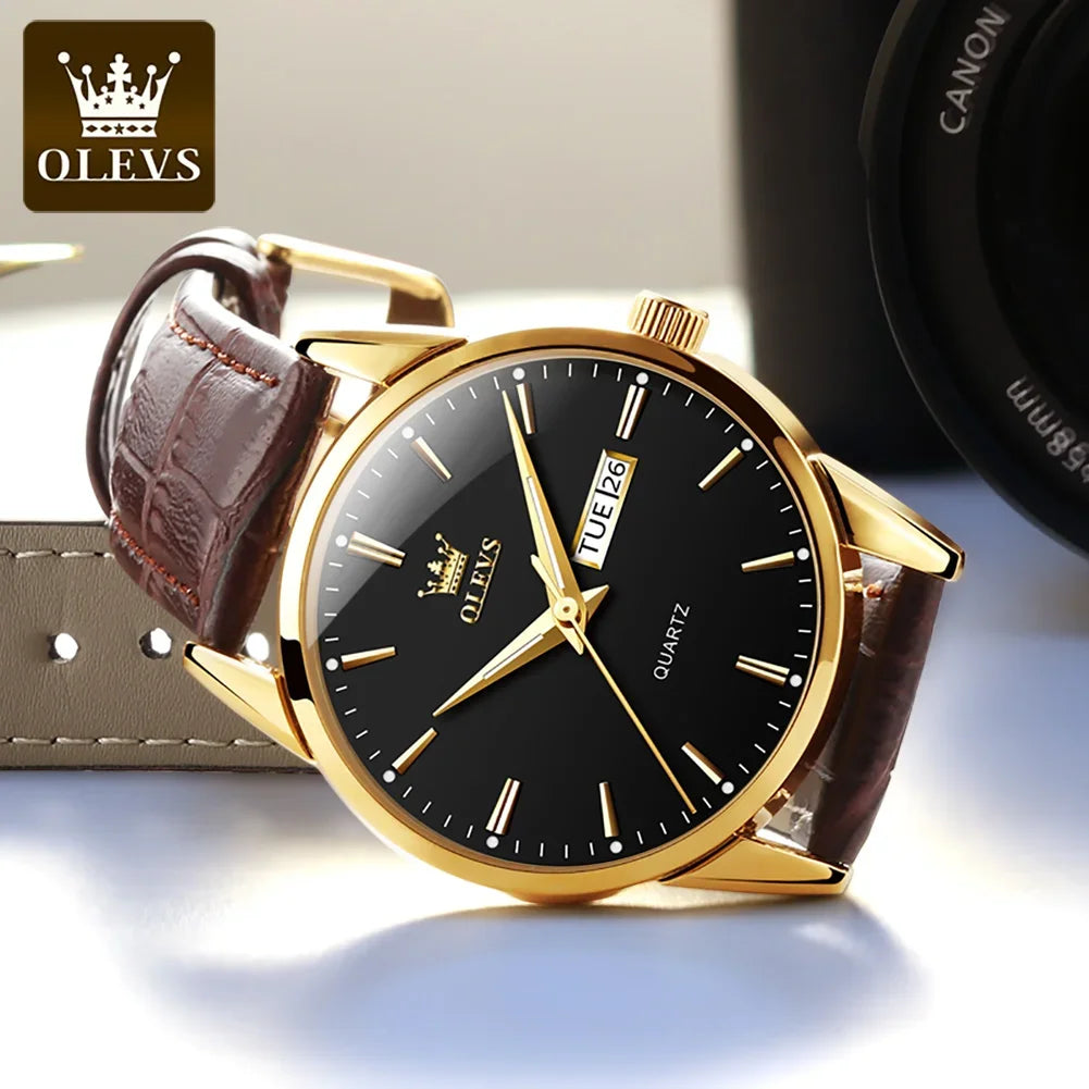 OLEVS-kwartshorloge voor heren – Luxe en elegante stijl, leren band, datum- en dagweergave, waterdicht, ideaal voor op het werk