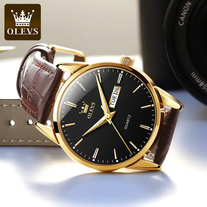 OLEVS-kwartshorloge voor heren – Luxe en elegante stijl, leren band, datum- en dagweergave, waterdicht, ideaal voor op het werk