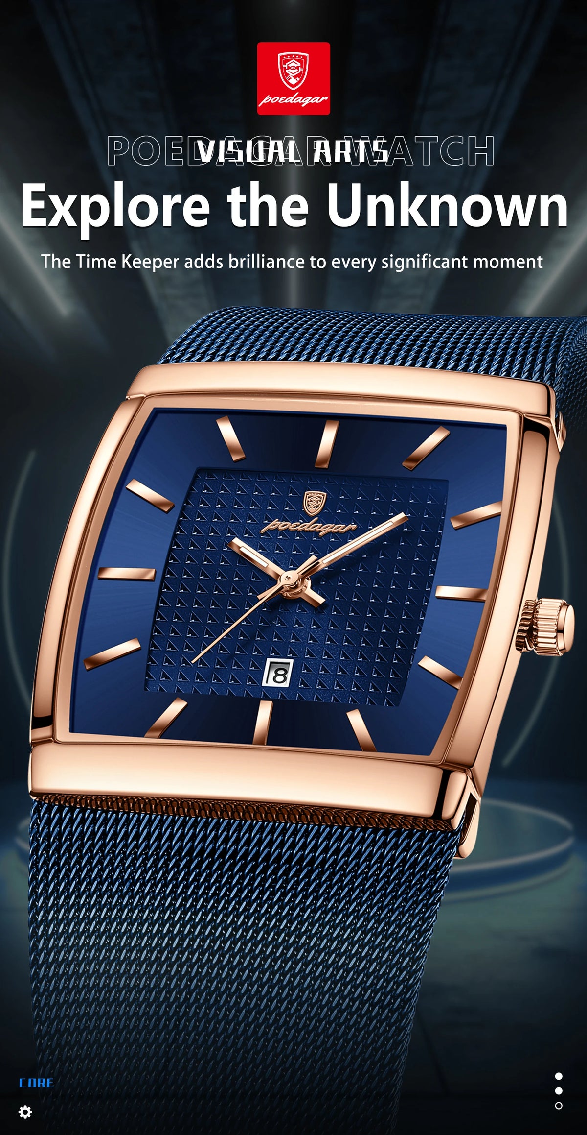 POEDAGAR Men’s Luxury Rectangle Quartz Watch Stainless Steel Mesh Strap, Luminous Dial & Date
