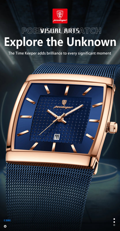 POEDAGAR Men’s Luxury Rectangle Quartz Watch Stainless Steel Mesh Strap, Luminous Dial & Date