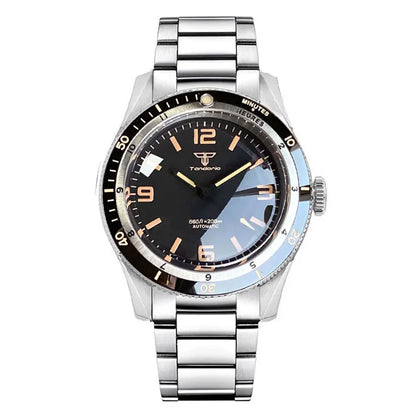 Tandorio NH35A PT5000 Mechanical Mens Watch 20BAR Waterproof Sapphire Luminous Red Black Dial Stainless Steel Bracelet New Clock