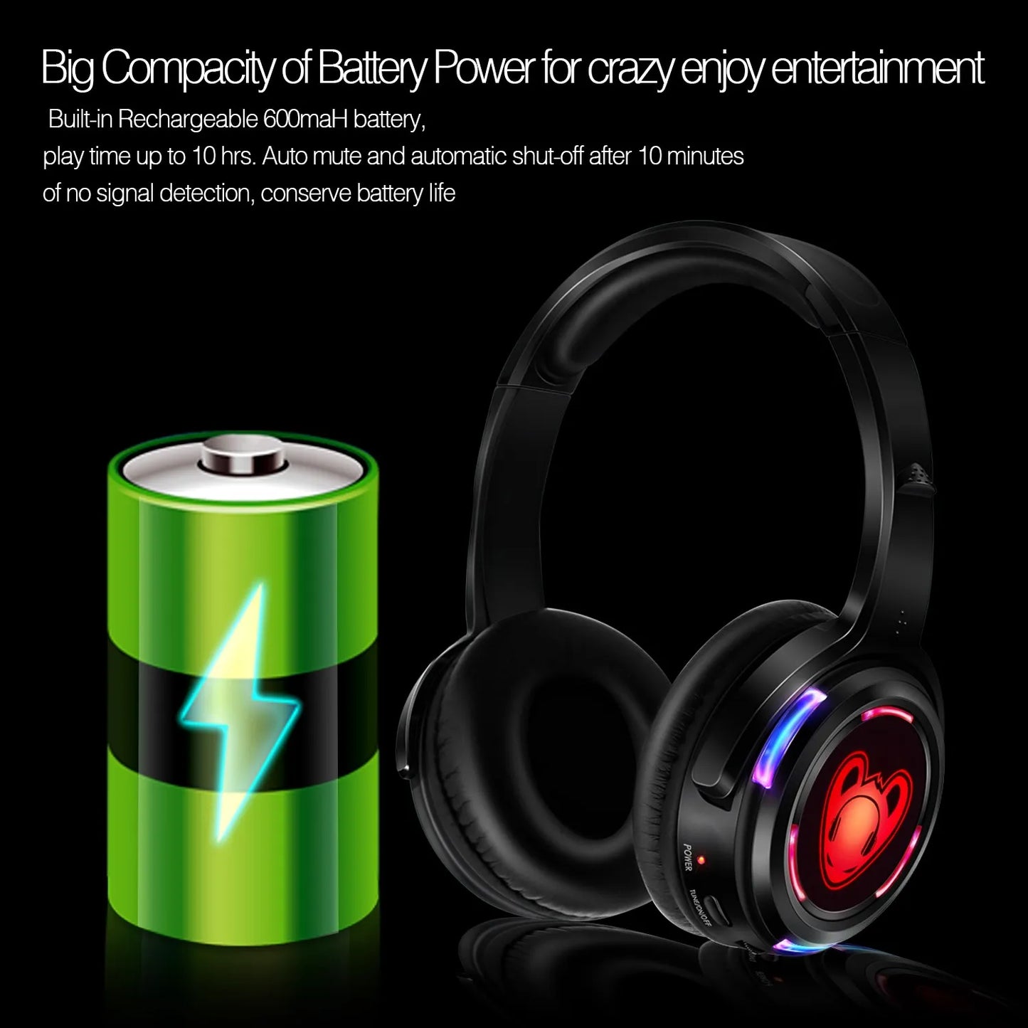 Cuffie wireless Silent Disco RF LED DJ Party 863–865MHz/915MHz con illuminazione LED a 3 canali e batteria da 10H