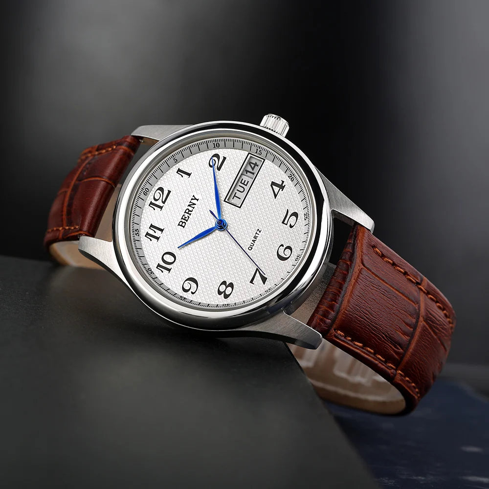 BERNY Men's Watch Quartz Day Top Calendar Wristwatch Waterproof Blued Steel Hands Arabic Numerals Easy Read Relogio Masculino