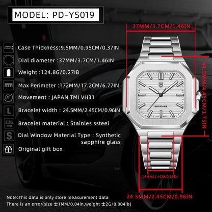 PAGANI DESIGN Novo V2 Relógio de Quartzo Quadrado para Homem, Marca de Luxo, Desportivo, Impermeável, Safira, Aço Inoxidável