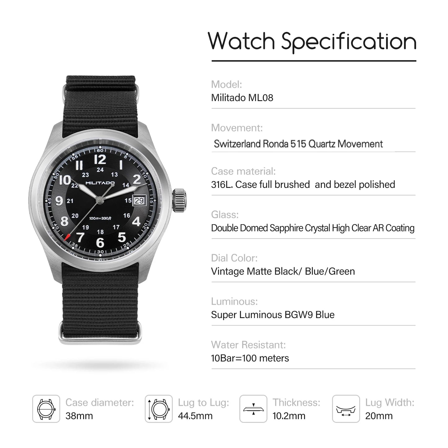 Militado ML08 Vintage Quartz Watch Ronda 515 Movement Ar Sapphire Mirror 38Mm Wrist Watch Date Super Luminous Waterproof Watches