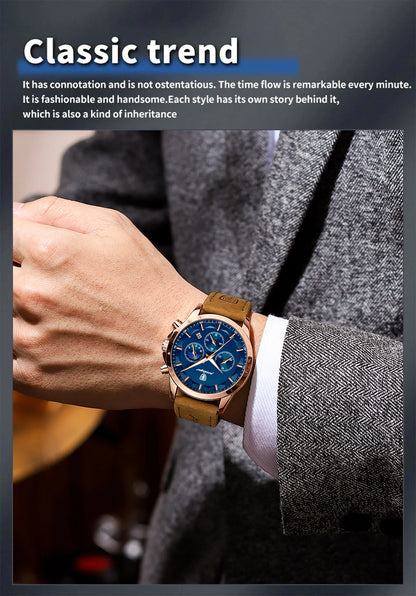 POEDAGAR Sportig lyxig herrklocka med kvartsverk, vattentät kronograf, självlysande datum, armbandsur för affärsbruk, läderarmband, herrklockor