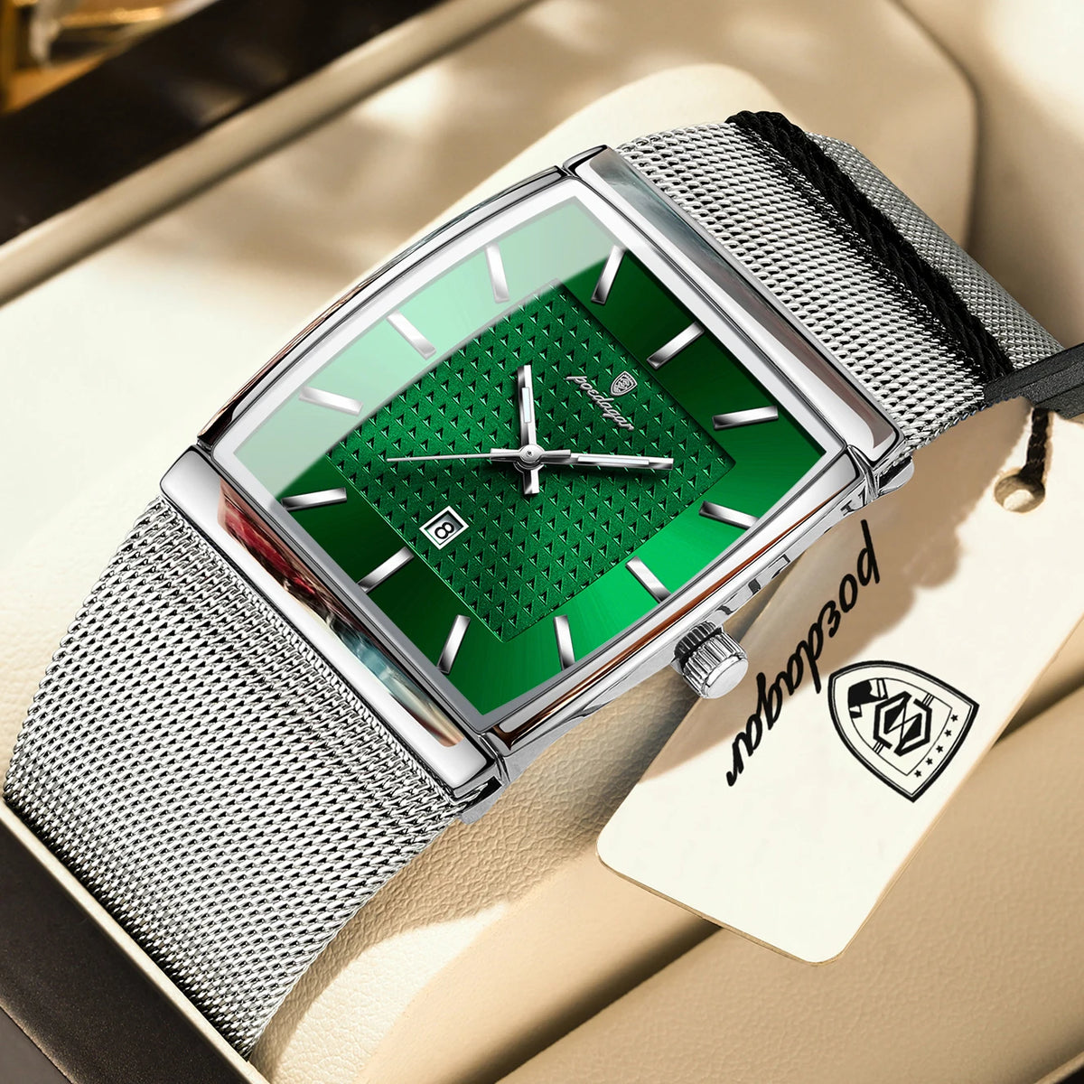 POEDAGAR Men’s Luxury Rectangle Quartz Watch Stainless Steel Mesh Strap, Luminous Dial & Date