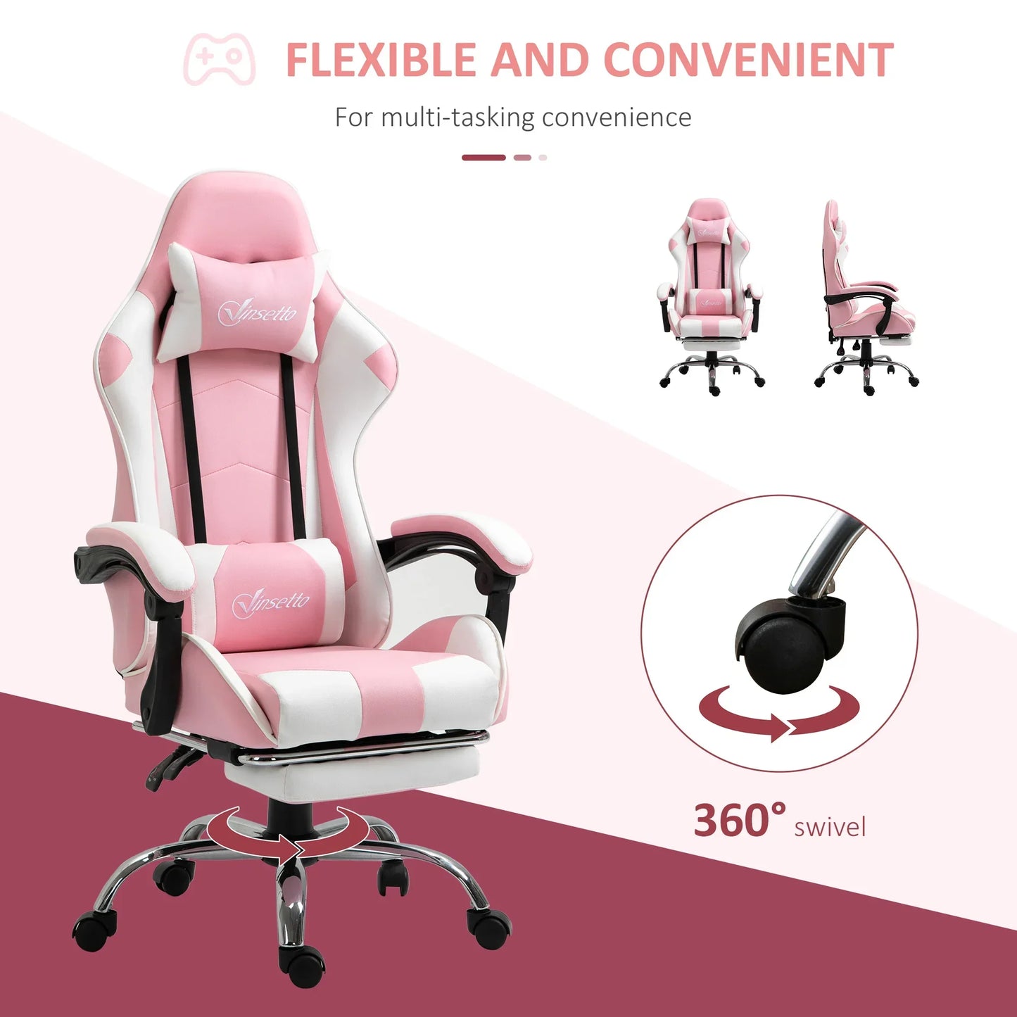 Gaming chair computer chair ergonomic office chair with headrest lumbar pad height adjustable 360° rotation pink + white