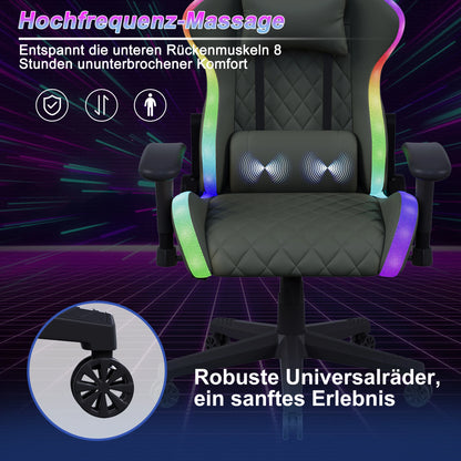 Comanlai Ergonomic Gaming Chair with RGB LED Lights Massage Lumbar Pillow Adjustable Recline Height Game Chair for Office Gaming