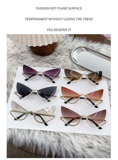 Sexy Cat Eye Rimless Sunglasses Women 2026 Luxury Brand Trendy Rhinestone Sun Glasses Punk Metal Frame Eyewear Outdoor Shades
