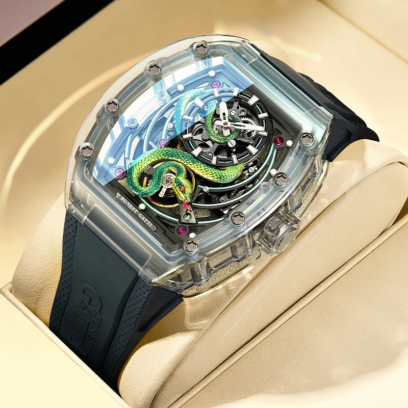 BONEST GATTI Men's Mechanical Watch Sapphire Crystal Double-Sided Hollow Out Luminous 30M Waterproof Snake Pattern Dial Wristwatch