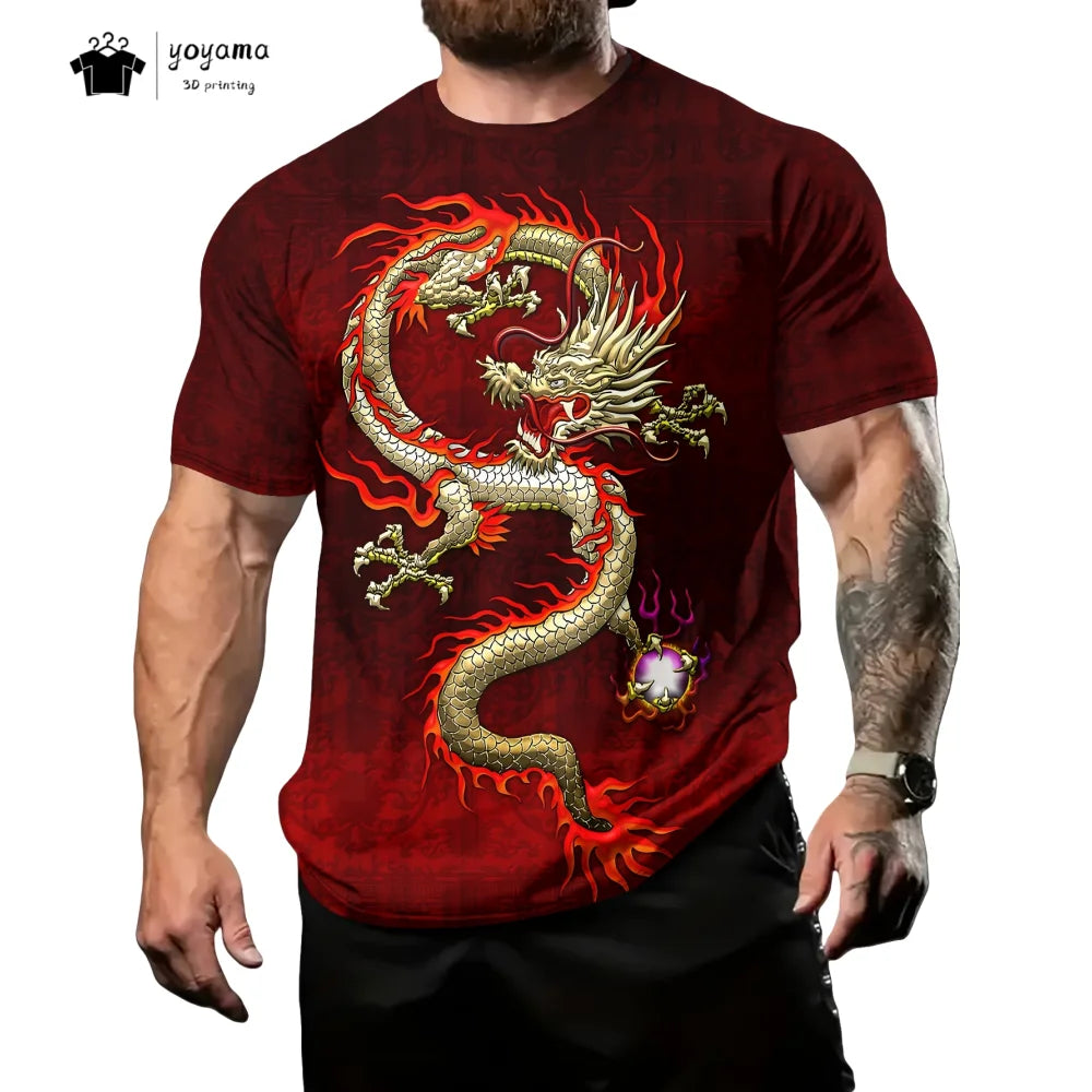 T-shirts de homem com padrão de dragão, manga curta, gola redonda, estilo streetwear, estampado animal 3D, corte largo e versátil, roupa de homem