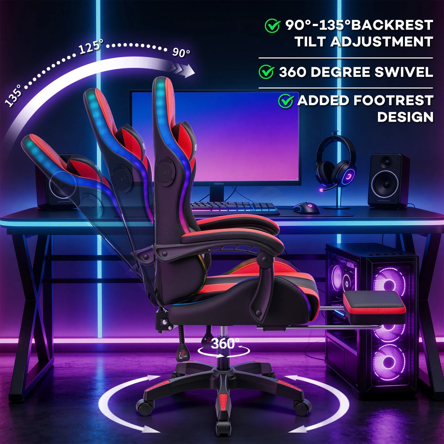 300lbs RGB LED Gaming Chair with Wireless Speakers, Ergonomic Massage Gaming Chair with Footrest, Reclining Computer Gaming Chair for Adults