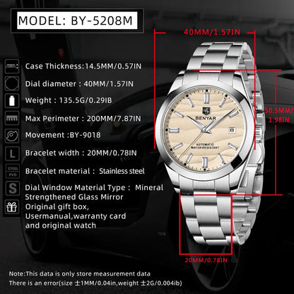 BENYAR Top Sand Series 40mm Hot Selling Mechanical Watch 316L Stainless Steel Simple 5 Bar Waterproof Automatic Men's Watch