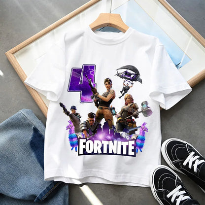 Fortnite Kindergeburtstag Zahlen-T-Shirt für Mädchen und Jungen, Sommerkleidung, Baby-Baumwoll-T-Shirt, Party-Kurzarm-Oberteil, Geschenk für Kleinkinder