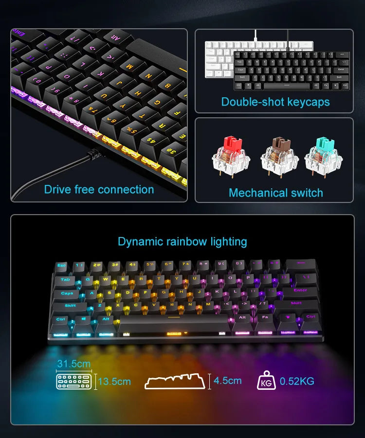 LIEI 60% Mechanical Gaming Keyboard 61 Keys Wired Mechanical Keyboard RGB Backlit Compact Mini Gaming Keyboard for PC Laptop Office