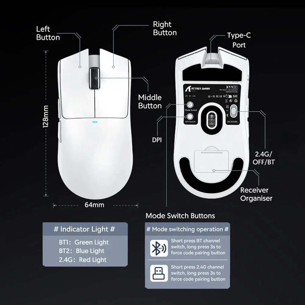 ATTACK SHARK X11SE ultraleichte kabellose Gaming-Maus, 20Millionen Klicks Lebensdauer, PAW3311 Gaming, 22KDPI, 400IPS, 40G, 1KHz, 65 Stunden, 30mAH